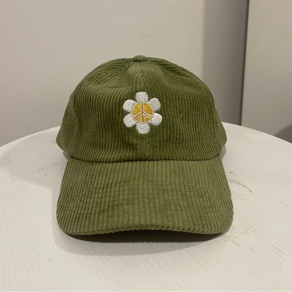Accessories - Green Corduroy Daisy Peace Sign Hat - Vintage Inspired - Unisex - OSFA